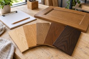 Các tấm mẫu màu sơn gỗ từ sáng đến nâu đậm đặt cạnh mẫu cánh tủ