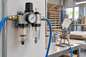 Minh họa cụm lọc và điều áp khí nén trong khu vực phun sơn đồ gỗ