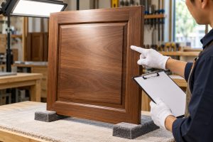 Minh họa kiểm tra mặt và cạnh cánh tủ gỗ đã sơn dưới đèn soi
